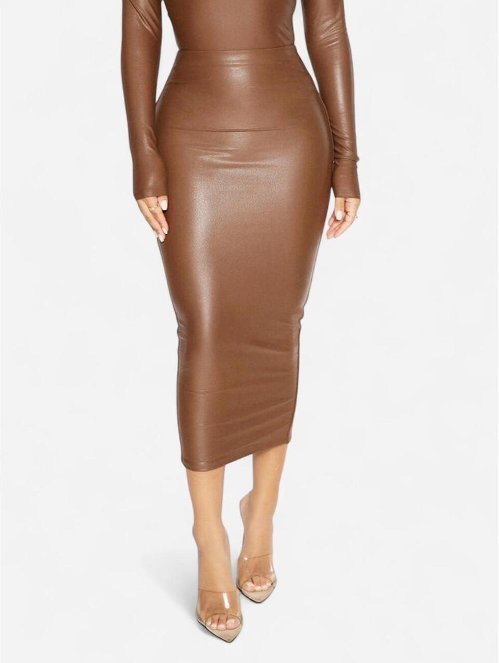 Naked wardrobe brown leather midi skirt with slit size large